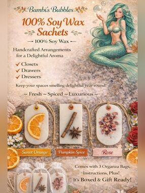 NEW! Hand Crafted Soy Wax Sachets 3 Pack With Organza Bags